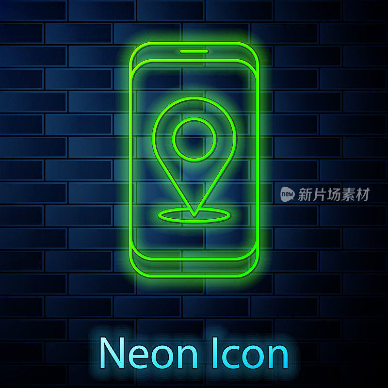 Glowing neon line Infographic of city map navigation icon isolated on brick wall background. Mobile App Interface concept design. Geolacation concept. Vector Illustration